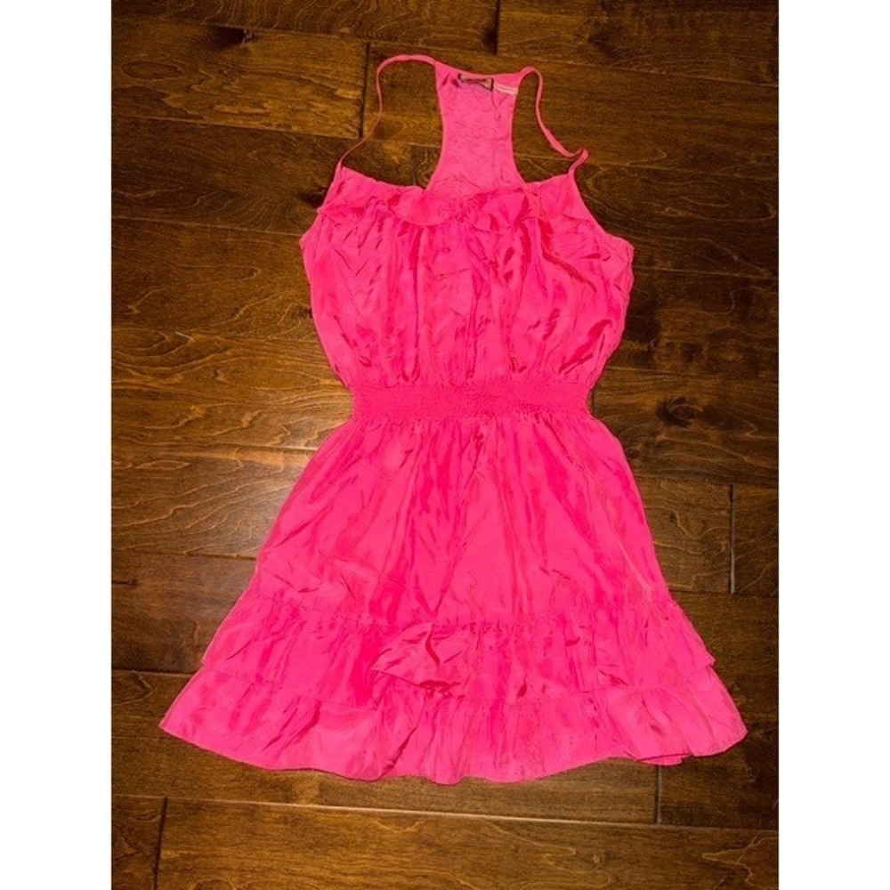 Juicy Couture Hot Pink Silk Ruffle Racerback Mini Dress Smocked Waist Size M
